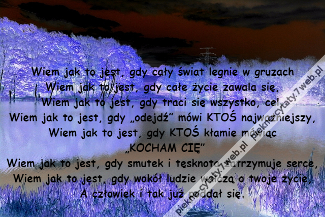 Wiem jak to jest, gdy cały świat legnie w gruzach\r\nWiem jak to jest, gdy całe życie zawala się,\r\nWiem jak to jest, gdy traci się wszystko, cel,\r\nWiem jak to jest, gdy „odejdź” mówi KTOŚ najważniejszy,\r\nWiem jak to jest, gdy KTOŚ kłamie mówiąc\r\n „KOCHAM CIĘ”\r\nWiem jak to jest, gdy smutek i tęsknota zatrzymuje serce,\r\nWiem jak to jest, gdy wokół ludzie walczą o twoje życie,\r\nA człowiek i tak już poddał się.