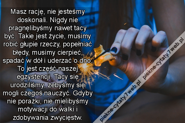 Masz rację, nie jesteśmy doskonali. Nigdy nie pragnęlibyśmy nawet tacy być. Takie jest życie, musimy robić głupie rzeczy, popełniać błędy, musimy cierpieć, spadać w dół i uderzać o dno. To jest część naszej egzystencji. Tacy się urodziliśmy, żebyśmy się m