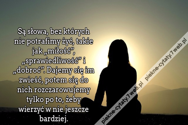 Są słowa, bez których nie potrafimy żyć, takie jak „miłość”, „sprawiedliwość” i „dobroć”. Dajemy się im zwieść, potem się do nich rozczarowujemy tylko po to, żeby wierzyć w nie jeszcze bardziej.