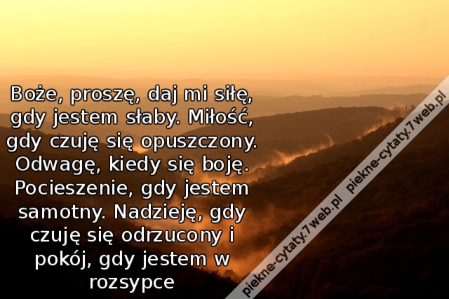 Boże, proszę, daj mi siłę, gdy jestem słaby. Miłość, gdy czuję się opuszczony. Odwagę, kiedy się boję. Pocieszenie, gdy jestem samotny. Nadzieję, gdy czuję się odrzucony i pokój, gdy jestem w rozsypce