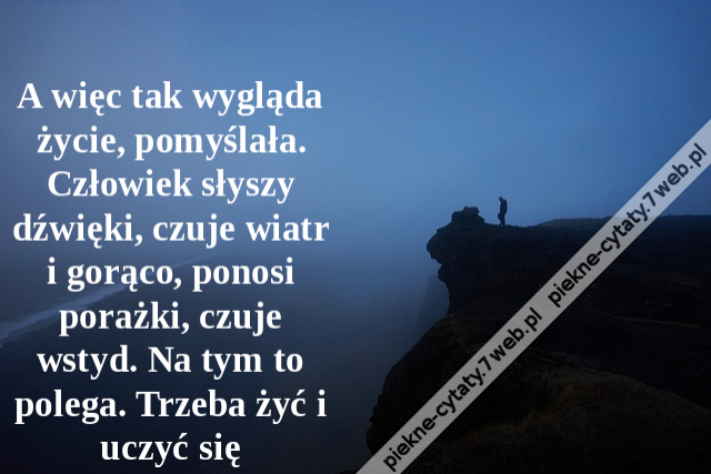 A więc tak wygląda życie, pomyślała. Człowiek słyszy dźwięki, czuje wiatr i gorąco, ponosi porażki, czuje wstyd. Na tym to polega. Trzeba żyć i uczyć się