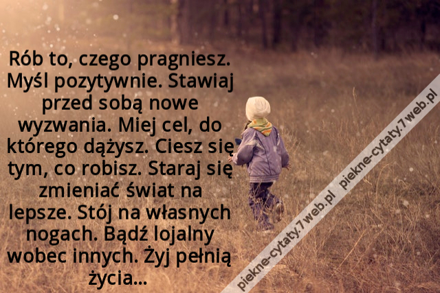 Rób to, czego pragniesz. Myśl pozytywnie. Stawiaj przed sobą nowe wyzwania. Miej cel, do którego dążysz. Ciesz się tym, co robisz. Staraj się zmieniać świat na lepsze. Stój na własnych nogach. Bądź lojalny wobec innych. Żyj pełnią życia…