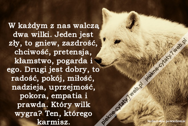 W każdym z nas walczą dwa wilki. Jeden jest zły, to gniew, zazdrość, chciwość, pretensja, kłamstwo, pogarda i ego. Drugi jest dobry, to radość, pokój, miłość, nadzieja, uprzejmość, pokora, empatia i prawda. Który wilk wygra? Ten, którego karmisz.