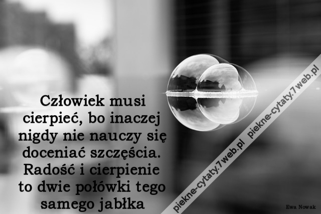 Człowiek musi cierpieć, bo inaczej nigdy nie nauczy się doceniać szczęścia. Radość i cierpienie to dwie połówki tego samego jabłka