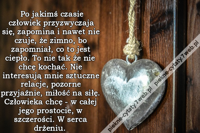 Po jakimś czasie człowiek przyzwyczaja się, zapomina i nawet nie czuje, że zimno, bo zapomniał, co to jest ciepło. To nie tak że nie chcę kochać. Nie interesują mnie sztuczne relacje, pozorne przyjaźnie, miłość na siłę. Człowieka chcę - w całej jego pros