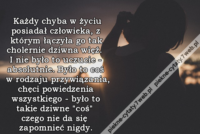 Każdy chyba w życiu posiadał człowieka, z którym łączyła go tak cholernie dziwna więź. I nie było to uczucie - absolutnie. Było to coś w rodzaju przywiązania, chęci powiedzenia wszystkiego - było to takie dziwne "coś" czego nie da się zapomnieć nigdy.