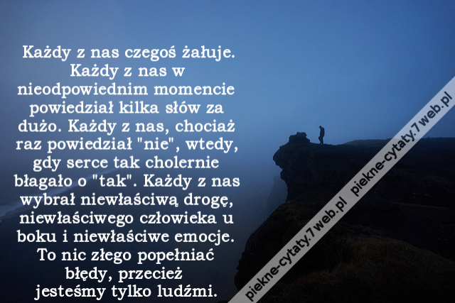 Każdy z nas czegoś żałuje. Każdy z nas w nieodpowiednim momencie powiedział kilka słów za dużo. Każdy z nas, chociaż raz powiedział "nie", wtedy, gdy serce tak cholernie błagało o "tak". Każdy z nas wybrał niewłaściwą drogę, niewłaściwego człowieka u bok