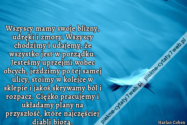 Wszyscy mamy swoje blizny, udręki i zmory. Wszyscy chodzimy i udajemy, że wszystko jest w porządku. Jesteśmy uprzejmi wobec obcych, jeździmy po tej samej ulicy, stoimy w kolejce w sklepie i jakoś skrywamy ból i rozpacz. Ciężko pracujemy i układamy plany n