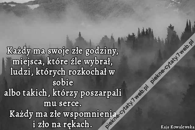 Każdy ma swoje złe godziny, miejsca, które źle wybrał, ludzi, których rozkochał w sobie albo takich, którzy poszarpali mu serce. Każdy ma złe wspomnienia i zło na rękach.