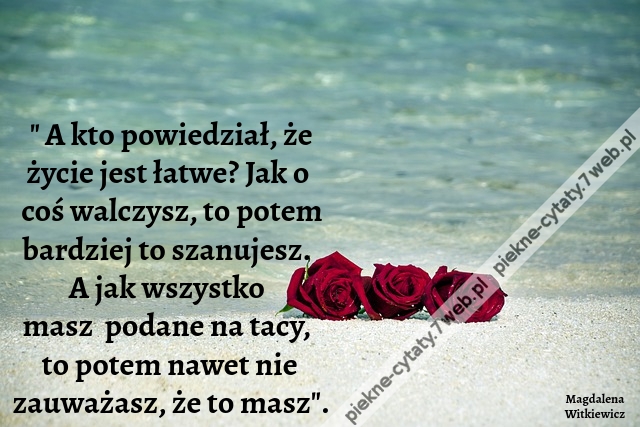 " A kto powiedział, że życie jest łatwe? Jak o coś walczysz, to potem bardziej to szanujesz.  A jak wszystko  masz  podane na tacy,  to potem nawet nie zauważasz, że to masz".