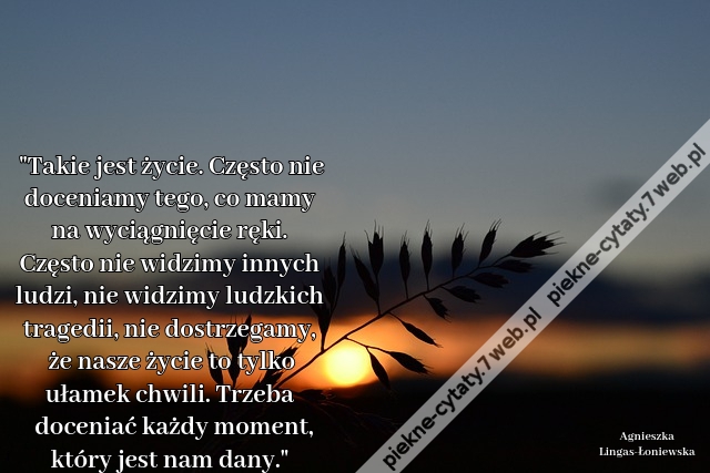 Takie jest życie. Często nie doceniamy tego, co mamy na wyciągnięcie ręki. Często nie widzimy innych ludzi, nie widzimy ludzkich tragedii, nie dostrzegamy, że nasze życie to tylko ułamek chwili. Trzeba doceniać każdy moment, który jest nam dany.