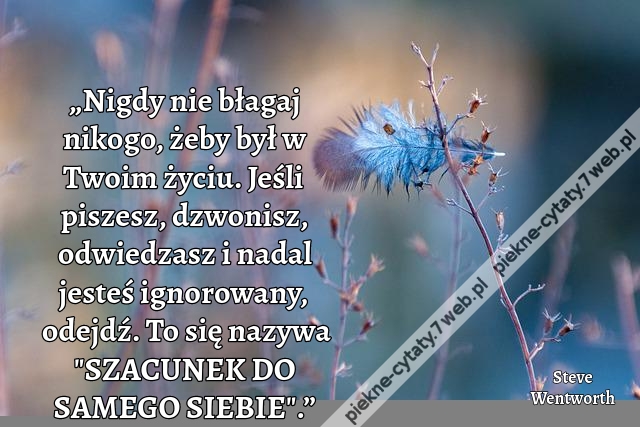 „Nigdy nie błagaj nikogo, żeby był w Twoim życiu. Jeśli piszesz, dzwonisz, odwiedzasz i nadal jesteś ignorowany, odejdź. To się nazywa "SZACUNEK DO SAMEGO SIEBIE".”