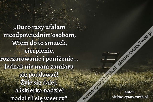 „Dużo razy ufałam nieodpowiednim osobom, Wiem do to smutek, cierpienie, rozczarowanie i poniżenie... Jednak nie mam zamaru się poddawać! Żyje się dalej, a iskierka nadziei nadal tli się w sercu”